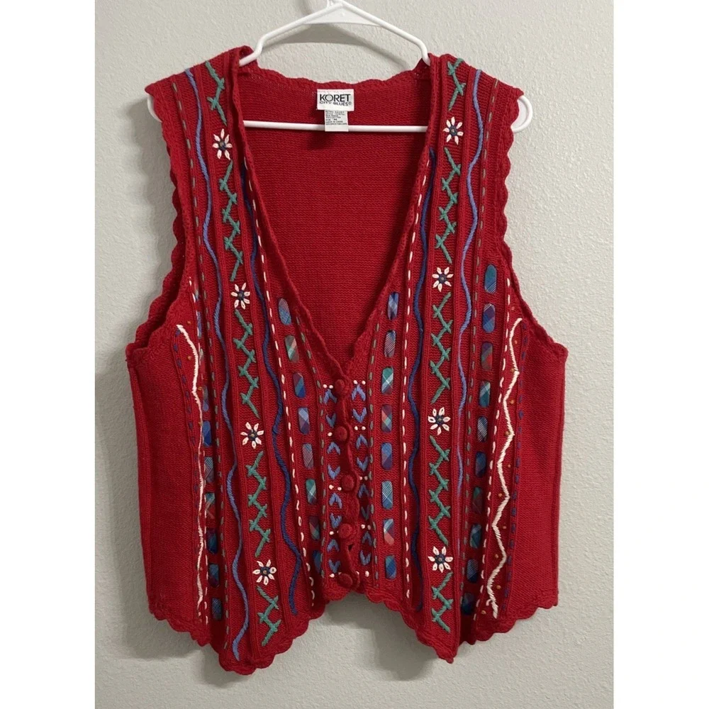 Vintage Koret City Blues Red Ribbon Knit Sweater Vest Cottagecore Women's M
